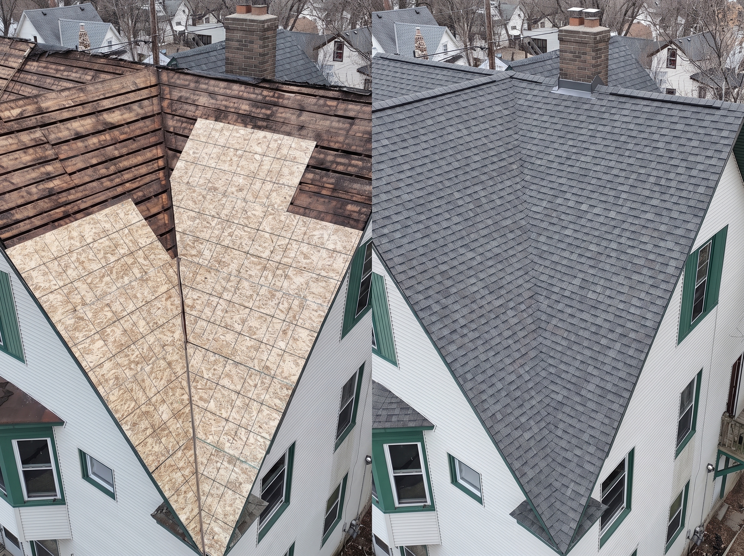 Before and after complete roof replacement
